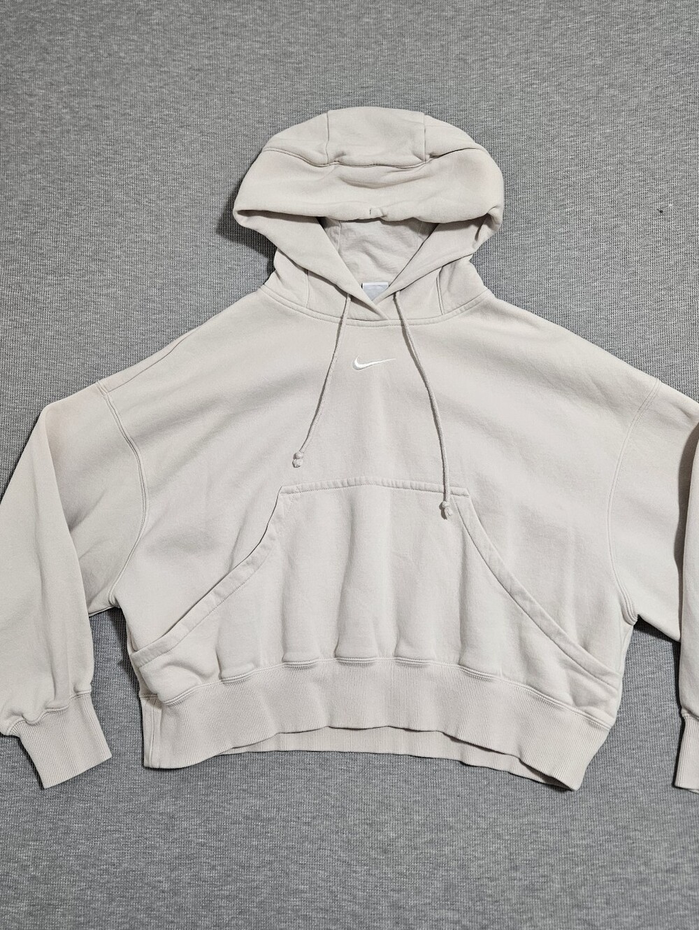 Nike Women's Light Cream Cropped Hoodie with White Swoosh Oversized Size Small